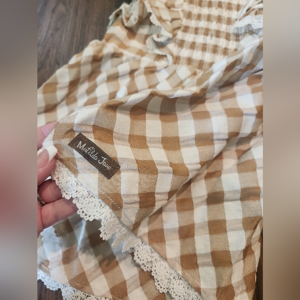 NWT Matilda Jane Tan and White Gingham Top with Lace - Picture 2 of 4